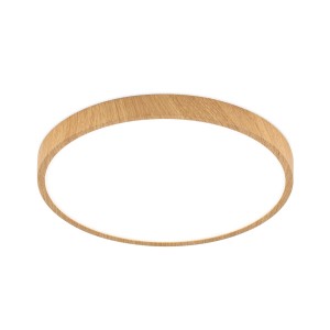 Flache LED Deckenleuchte Orion, Ø 28cm, Holzoptik, warmweißes Licht für Wohnräume.