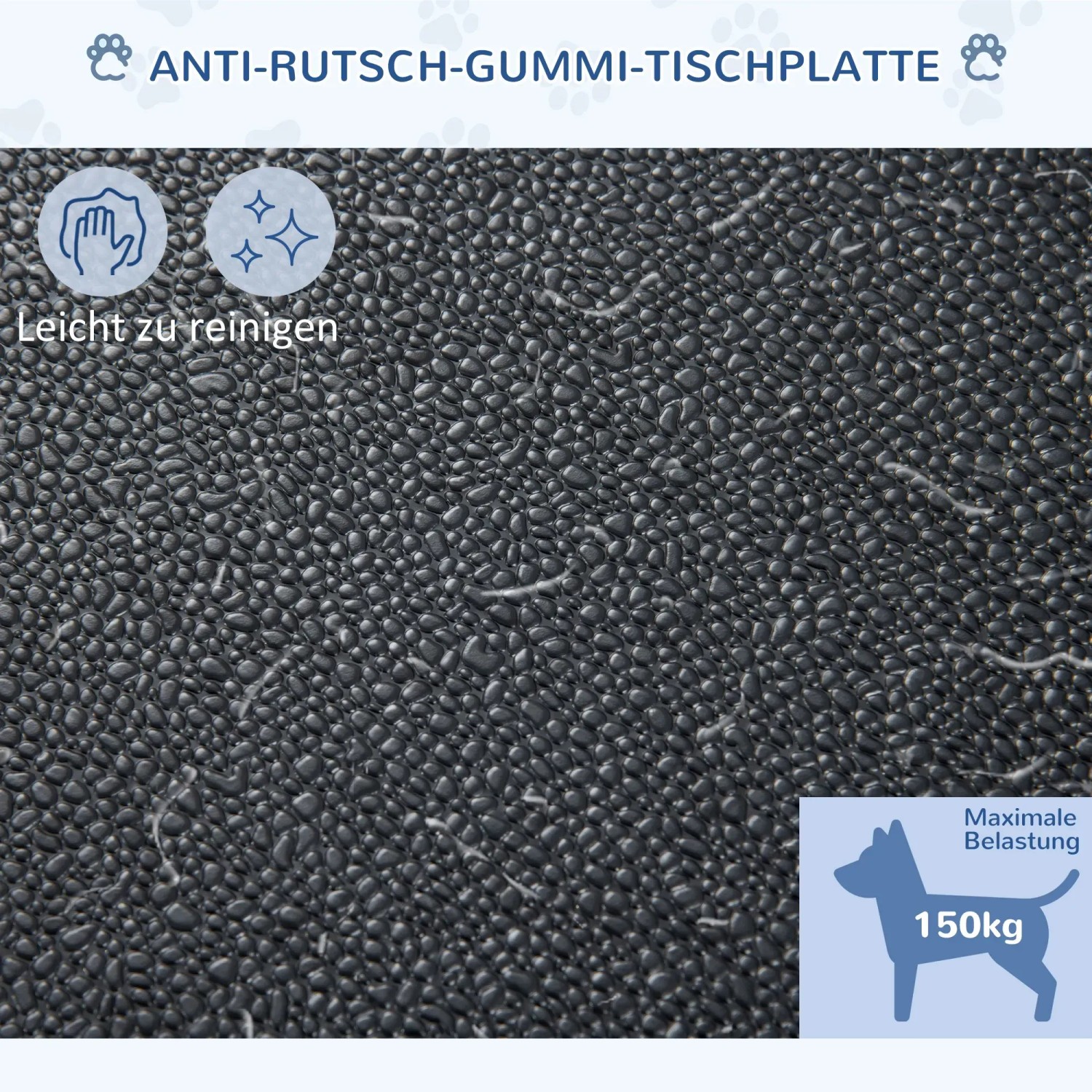 Detailaufnahme der rutschfesten Gummioberfläche des PawHut Haustierpflegetischs.
