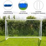 Weißes Fußballtor 3.6m mit Torwand, Tragetasche und Heringen für Garten oder Sportplatz.