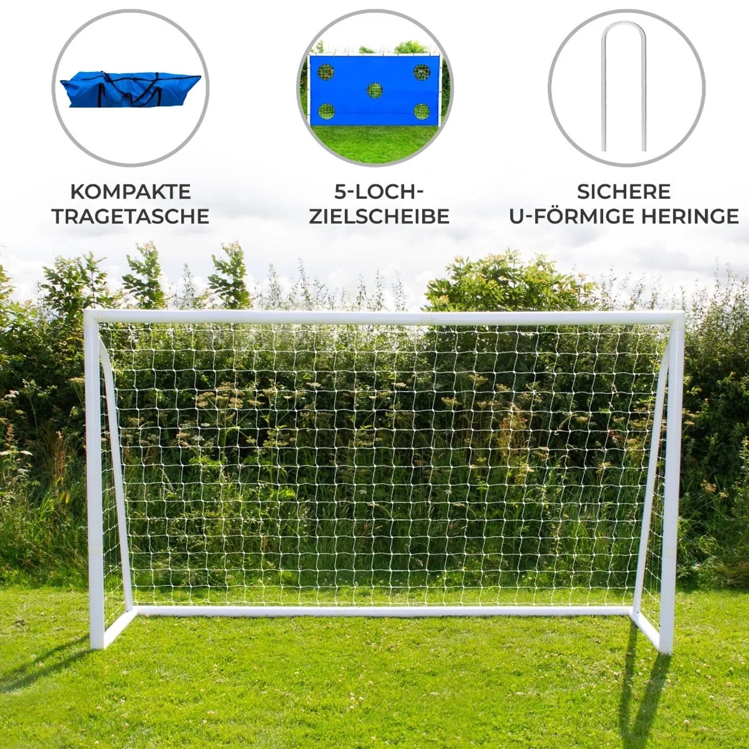 Weißes Fußballtor 3.6m mit Torwand, Tragetasche und Heringen für Garten oder Sportplatz.