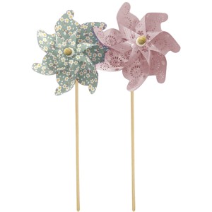 Boltze Gartenstab Windrad, 2-fach sortiert, mehrfarbig. Deko-Windräder in Rosa und Grün mit Blumenmuster.