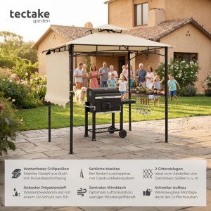 Tectake Grillpavillon Maracaibo mit Markise, Doppeldach und Flaschenöffner, umgeben von Menschen.