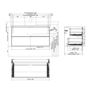 Technische Zeichnung Steinkamp Unterschrank Living 2.0 mit GROHE Cube Waschtisch 100 cm, Maße und Details.