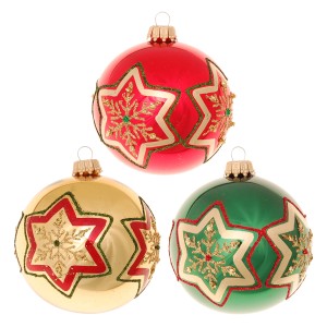 3-tlg. Set Krebs Glas Lauscha Weihnachtskugeln (8cm) in Rot, Gold und Grün mit Stern-Dekor.
