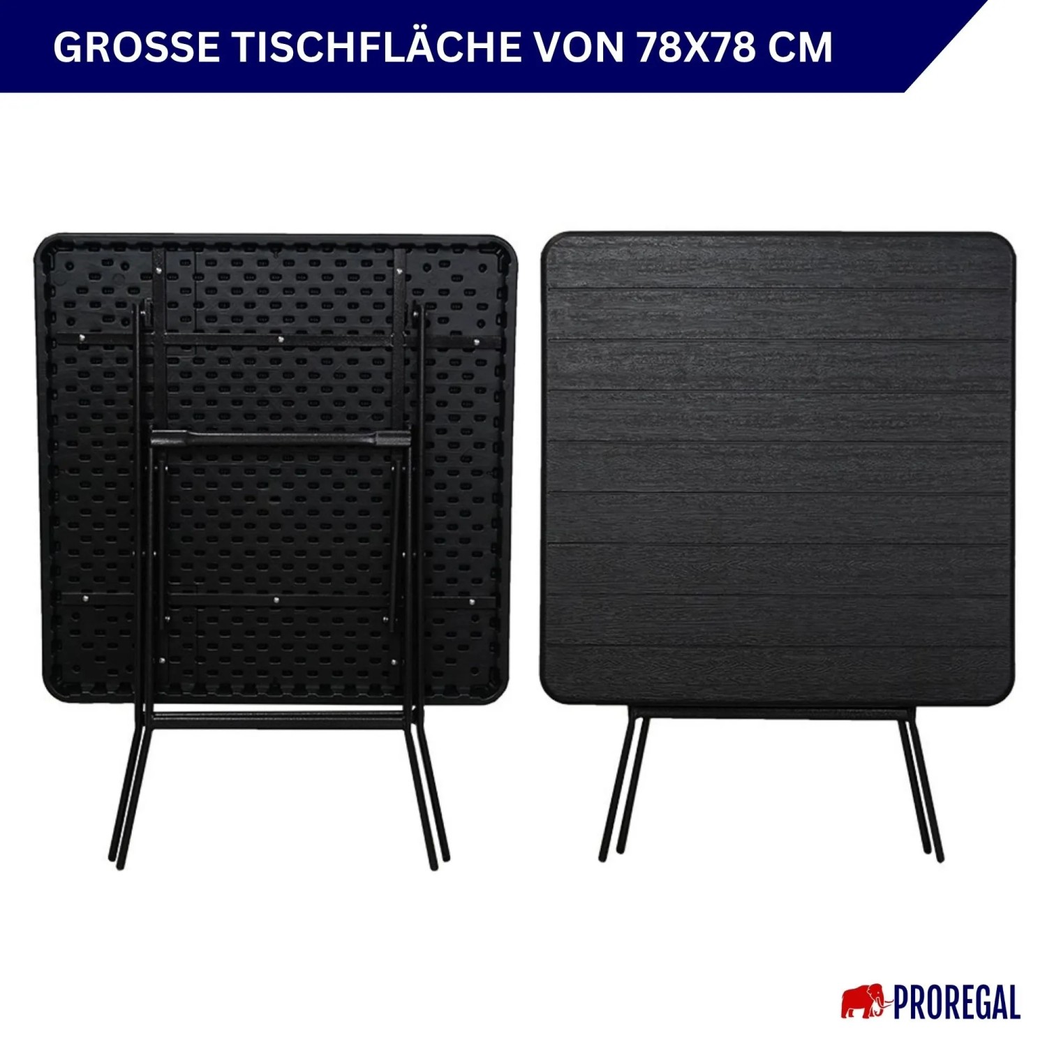 CHEFGASTRO Klapptisch, 78x78cm, schwarz, Holzoptik. Wetterfester Gartentisch für 4 Personen, ideal für Balkon und Camping.