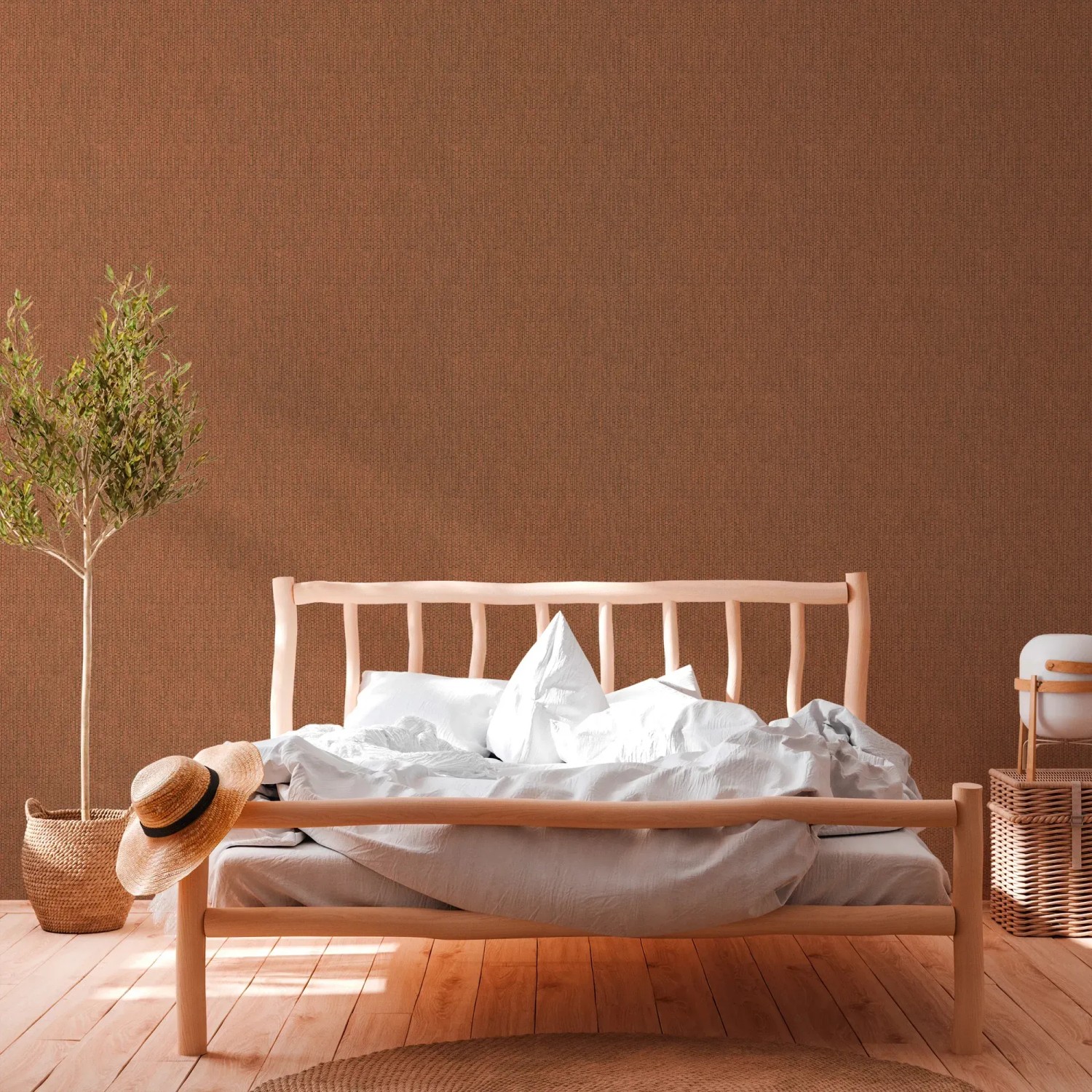 Schlafzimmer mit matter, rotbrauner Vliestapete mit leichter Struktur von OBI.