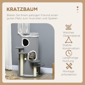 Graue PawHut Kratztonne (99 cm) mit Katzenbett, Spielball und Kratzpfosten. Katze schaut aus der Tonne.