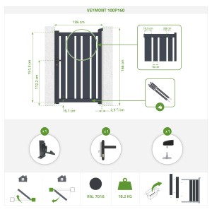 Casanoov Gartentür Veymont, 160 cm hoch, Aluminium, grau, mit Maßen und Details.