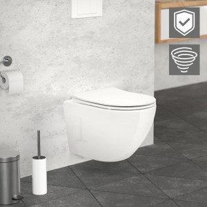 Weißes, spülrandloses LuxeBath Hänge-WC mit Nano-Beschichtung und Softclose-Sitz, 49 cm.