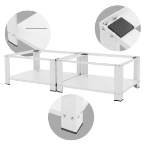 Weißes ML-Design Doppel Waschmaschinen Untergestell mit 2 Ablagen aus Stahl, 128x54 cm.