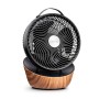 Clean Air Optima Ventilator CA-403 Smart mit Holzdesign-Basis und schwarzem Gitter.