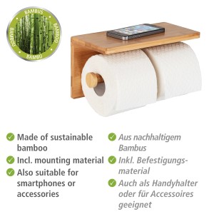 WENKO Toilettenpapierhalter Duo Bambusa aus Bambus mit Ablage für Handy.