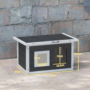 Graues PawHut Katzenhaus aus Tannenholz mit Kratzmatte und Größenangaben.