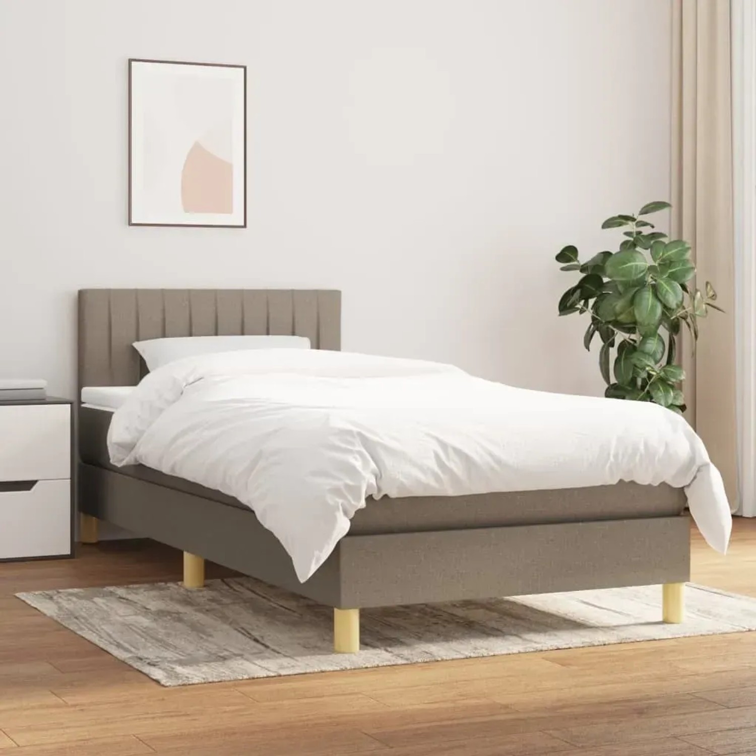 Boxspringbett Taupe (80x200 cm) mit Matratze und Kopfteil, Stoffbezug.