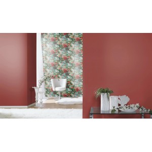 Rasch Vliestapete Tropical House mit Landschaftsmotiv in Ziegelrot, Grün und Weiß im Raum.