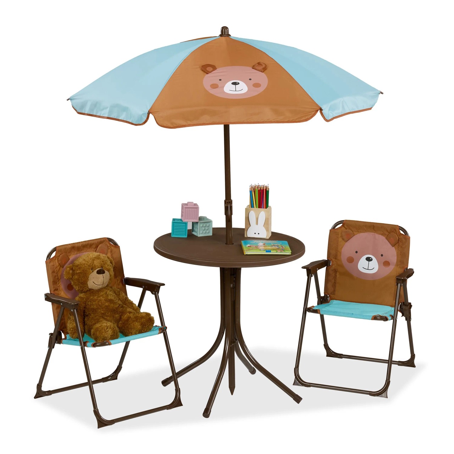 Relaxdays Kindersitzgruppe Eisen Kunststoff Polyester mit Schirm Bär 53 cm x 36 cm x 37,5 cm