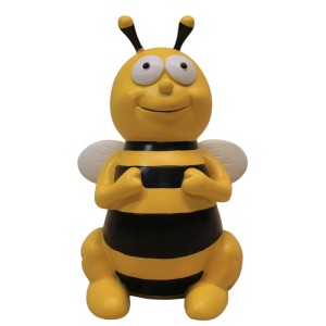 Gelb-schwarze Deko-Figur Biene, 22 cm, sitzend mit lächelndem Gesicht und Flügeln. Ideal für Gartendekoration.
