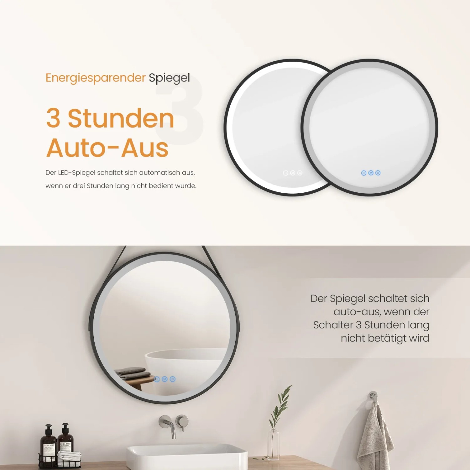 Runder Emke Badspiegel 80cm mit LED-Beleuchtung und Touch-Funktion im Badezimmer.