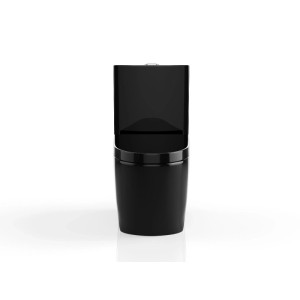 Schwarzes Stand-WC Nagilam aus glänzender Keramik, frontal abgebildet. Modernes Design für Ihr Badezimmer.