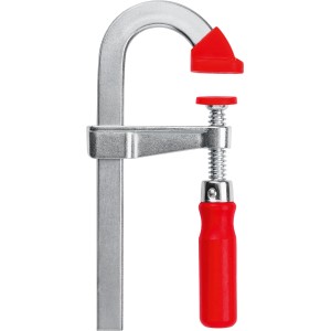 Bessey Leicht-Schraubzwinge LMU15/5, U-Form, Spannwerkzeug mit rotem Griff und Schutzkappen.