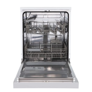 Offener, weißer Respekta Unterbau-Geschirrspüler Bena 60 cm mit Edelstahl-Innenraum und zwei Spülkörben.