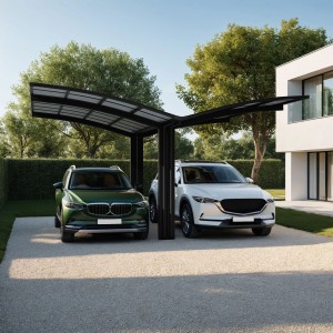Schwarzes Ximax Alu Doppelcarport Portoforte mit zwei geparkten Autos vor einem Haus.