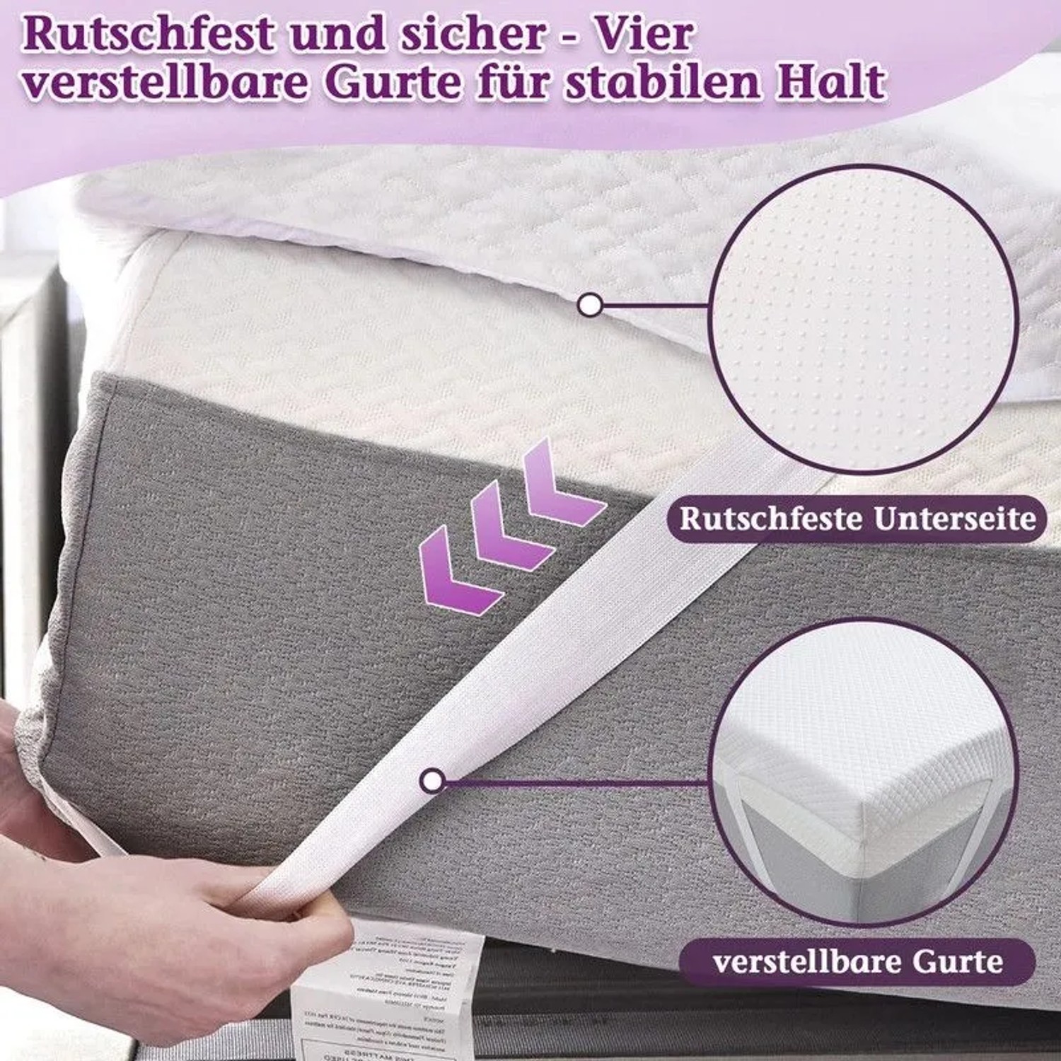 Wenta Gel-Memory-Schaum Topper mit verstellbaren Gurten und rutschfester Unterseite für stabilen Halt.