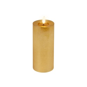 Goldene Lumineo LED-Kerze aus Wachs, Ø 7,5x20 cm, mit glitzernder Oberfläche und realistischer Flammeneffekt.