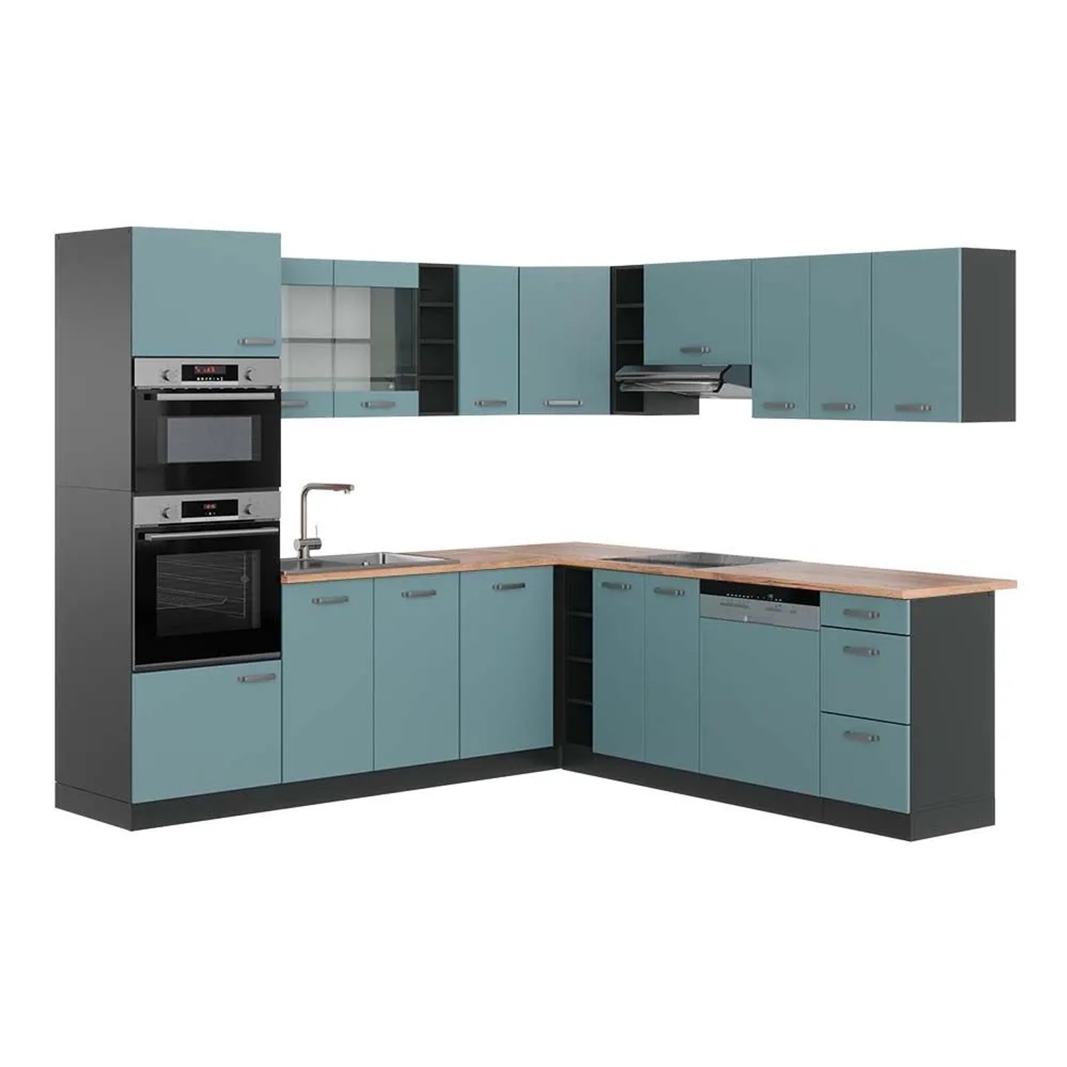 Vicco Eckküche R-Line Blau-Grau/Anthrazit 247 x 82, AP Eiche