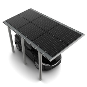 Ximax Solarcarport Linea mit schwarzen Solarmodulen auf dem Dach, schützt ein Auto. Modernes Aluminium-Design.