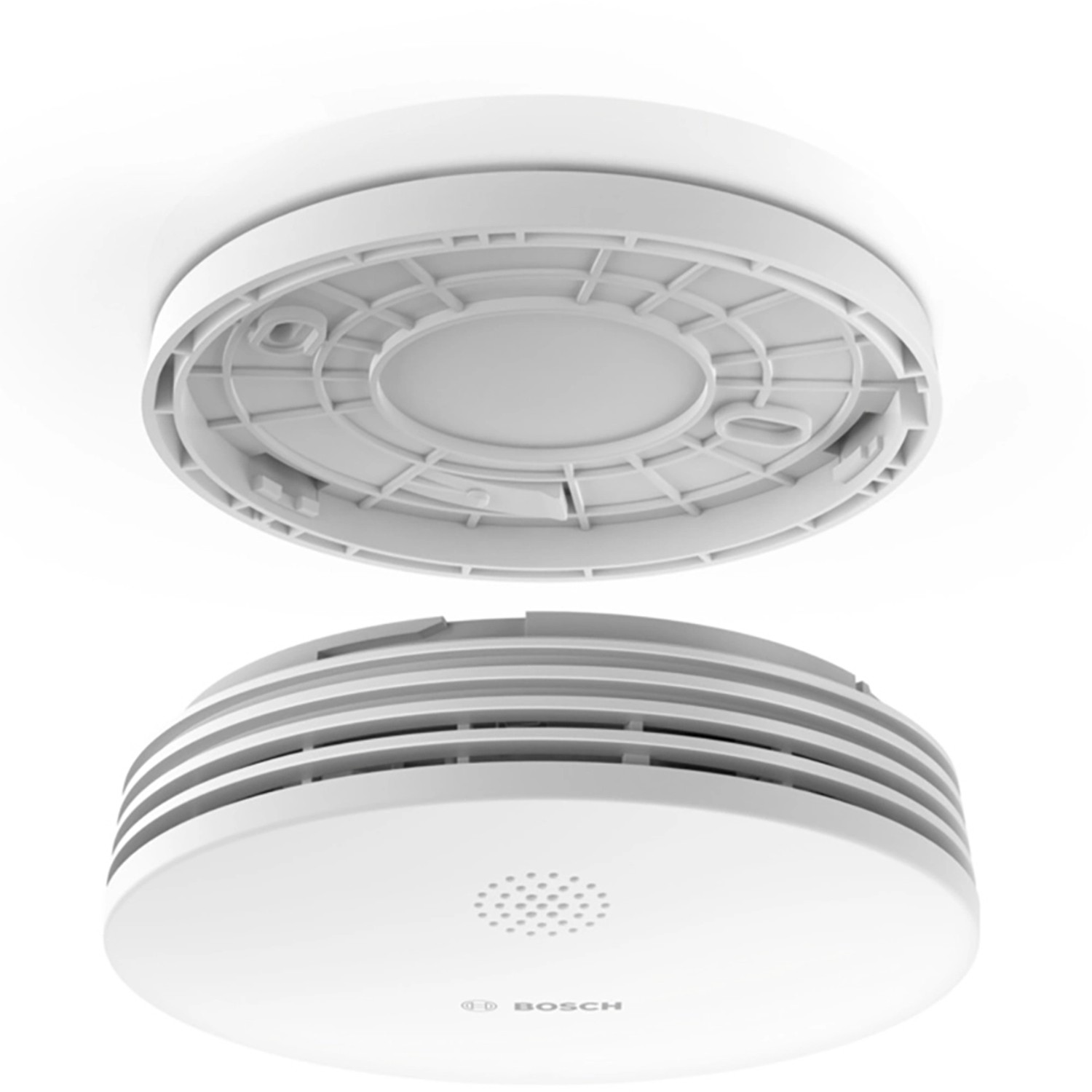 Bosch Smart Home Rauchwarnmelder II, demontiert. Weißer Rauchmelder für Hausautomation.