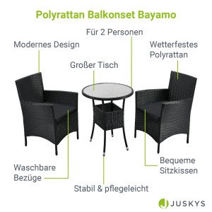 Schwarzes Polyrattan Balkonmöbel Set Bayamo mit Tisch und 2 Stühlen mit dunkelgrauen Bezügen.