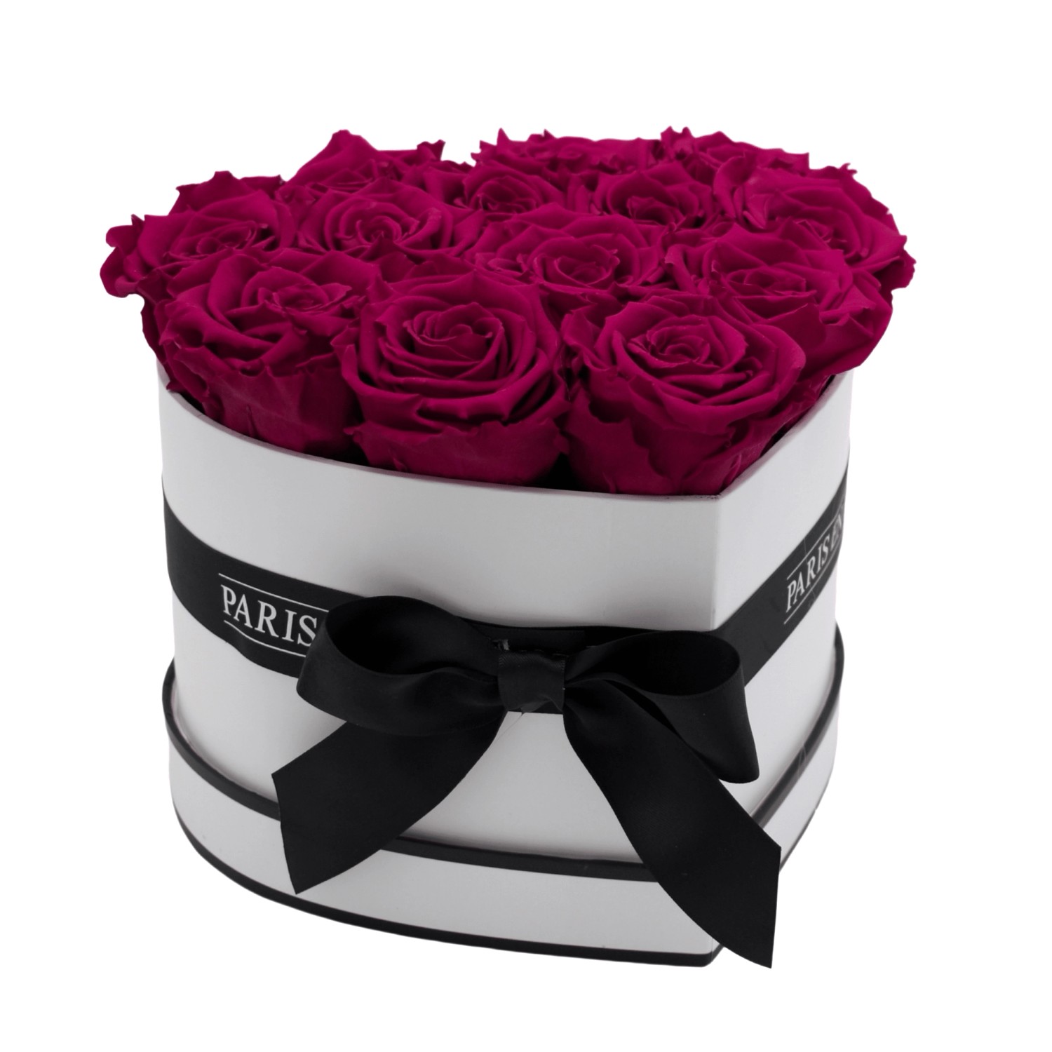 Rosenbox Herz Weiß mit Schleife und 8 Pinke Rosen