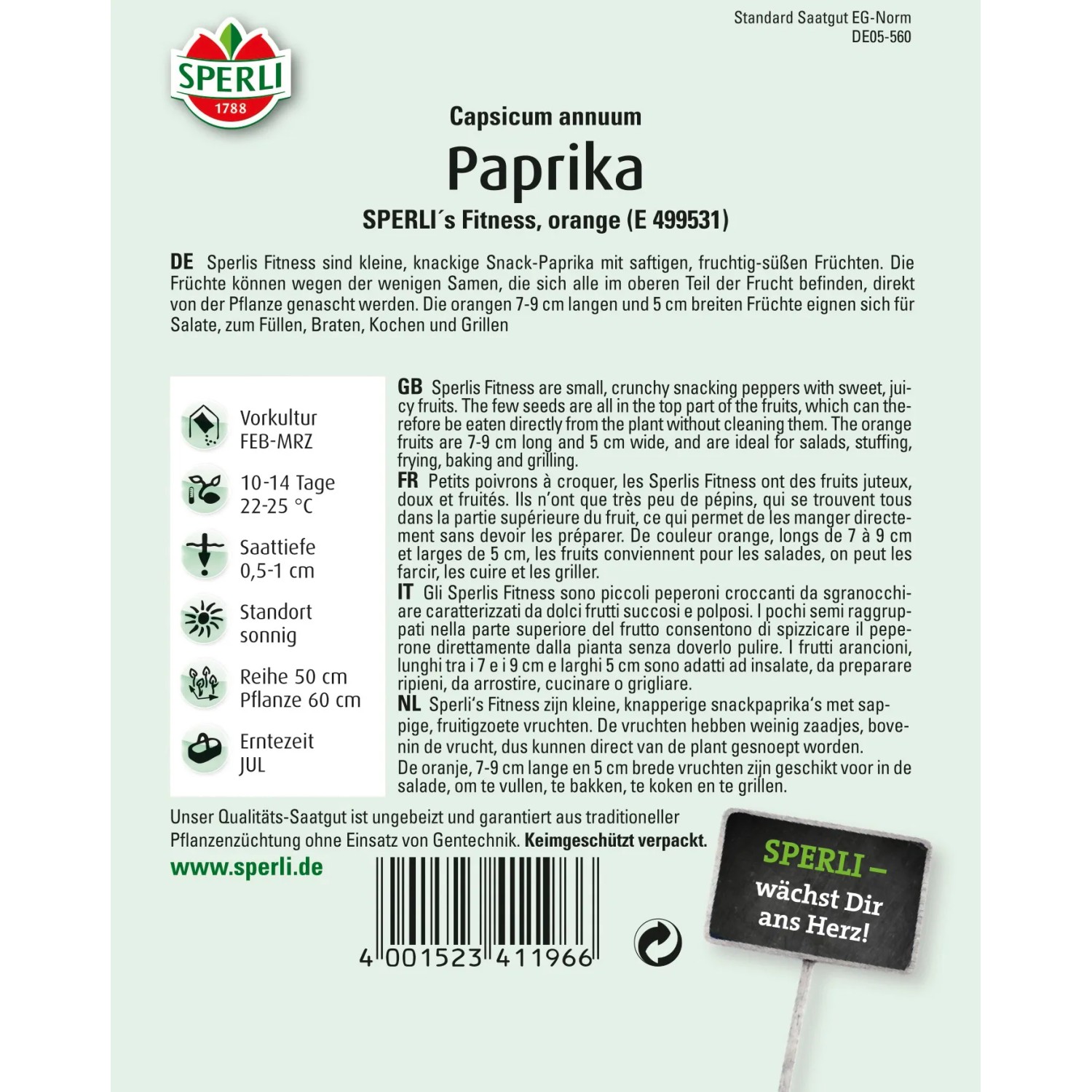 Samenpackung Sperli's Fitness Paprika, orange F1-Hybride. Snack-Paprika für Garten und Balkon.