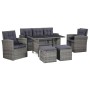 Graues 6-tlg. vidaXL Garten Lounge Set aus Rattan mit Tisch, Sofa, Sesseln und Hockern.