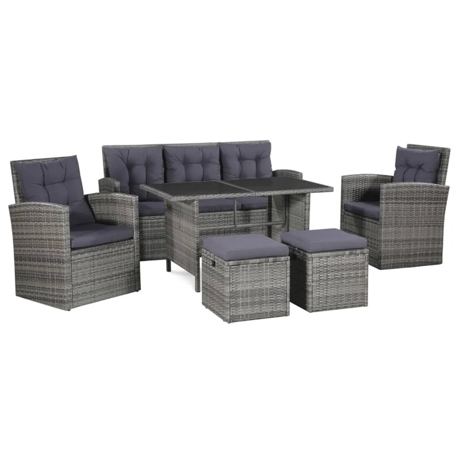 Graues 6-tlg. vidaXL Garten Lounge Set aus Rattan mit Tisch, Sofa, Sesseln und Hockern.