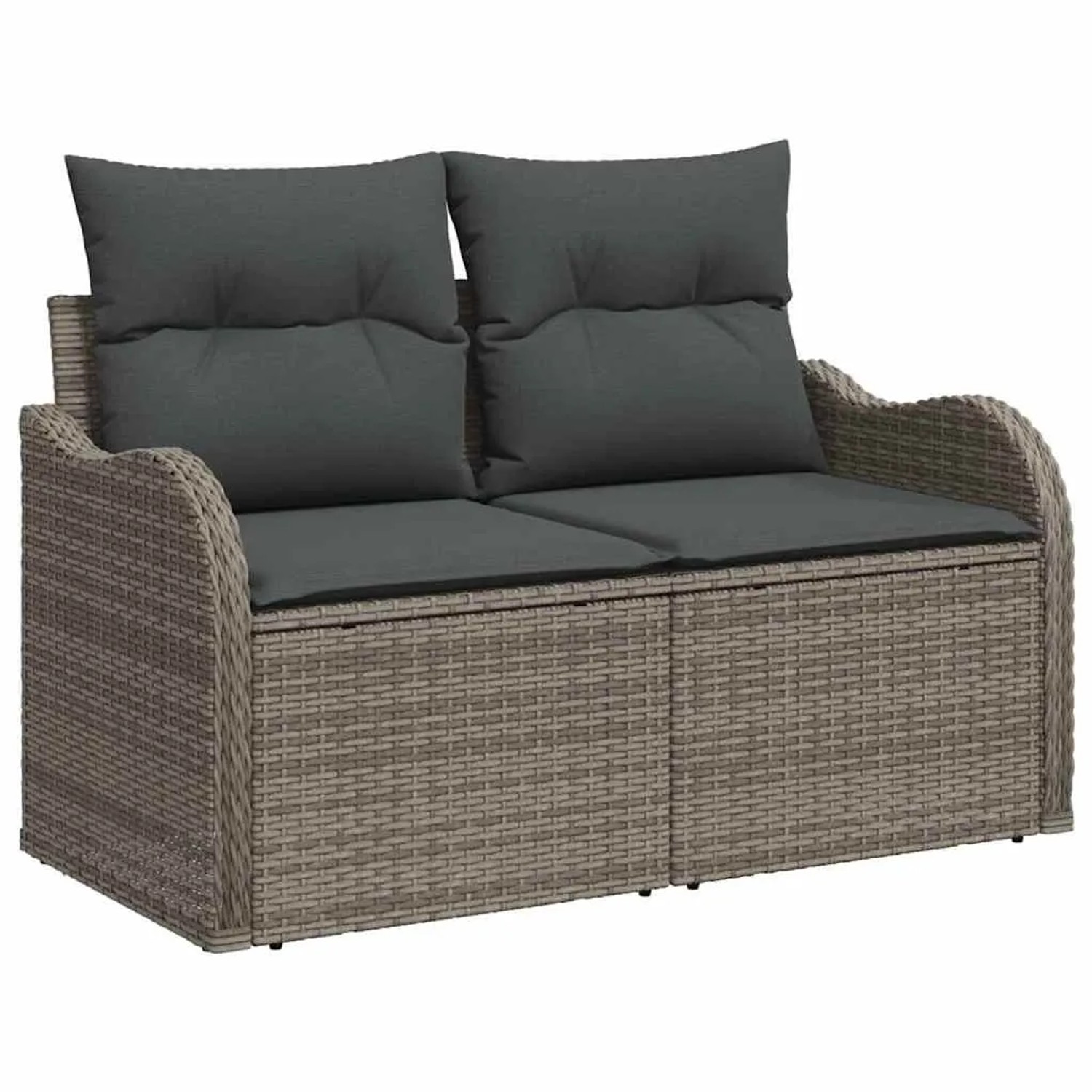 Graues vidaXL Garten-Sofa-Set (7-tlg.) aus Polyrattan mit Kissen und Stauraum.