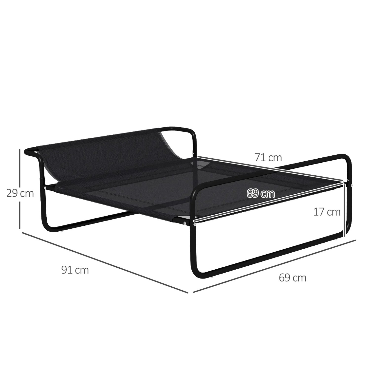 PawHut Hundeliege, Hundebett aus Stahl und Mesh, schwarz, mit Maßangaben. Ideal für kleine bis mittelgroße Hunde.