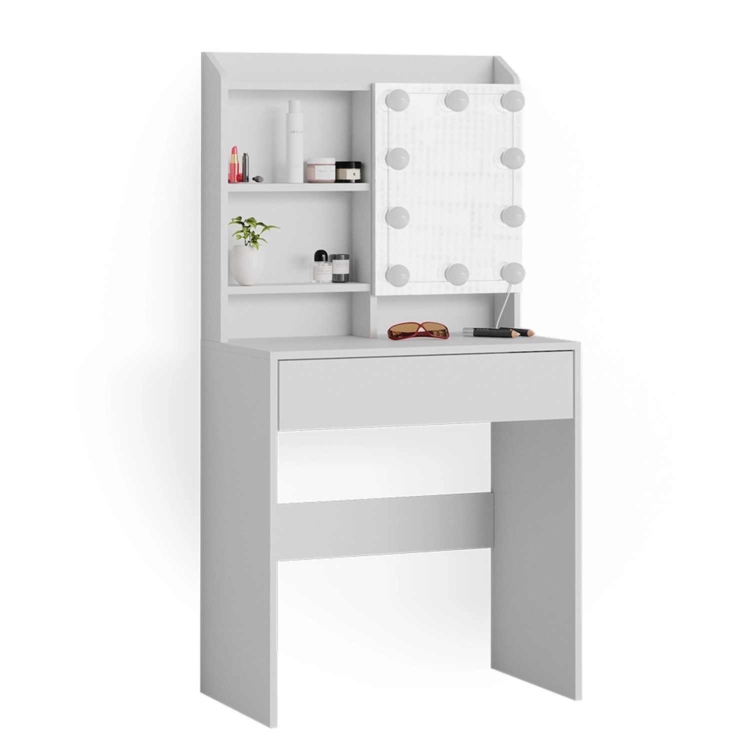 Weißer Vicco Schminktisch Laura (70 cm) mit LED-Beleuchtung und Ablagefächern.