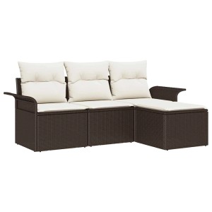 Braunes 4-tlg. vidaXL Garten-Sofa-Set aus Rattan mit Kissen und Stauraum.