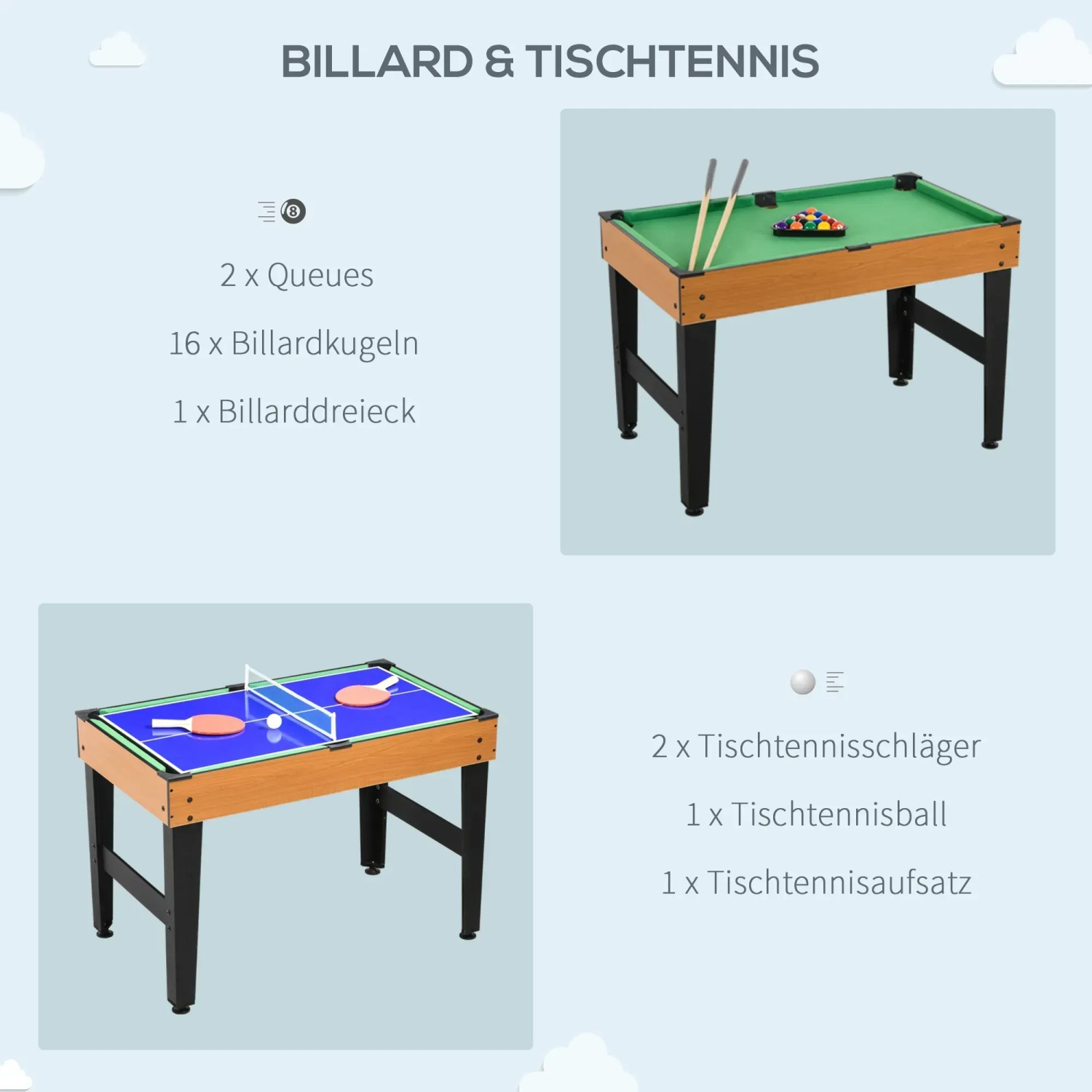 HOMCOM Multigame Spieltisch für Billard und Tischtennis, Naturholz/Schwarz.