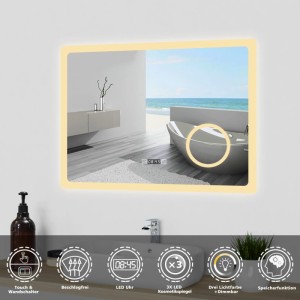 Rechteckiger Aica Badspiegel 80x60 cm mit LED-Beleuchtung, Uhr, dimmbar, Anti-Beschlag & 3x Schminkspiegel.