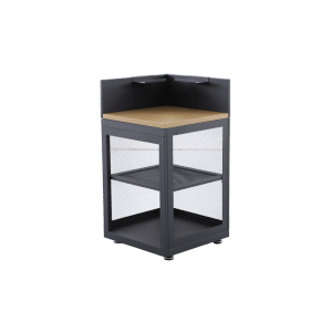 Offener anthrazitfarbener Stahlschrank O88 Series für Outdoorküche mit Holzplatte und Gitterböden.