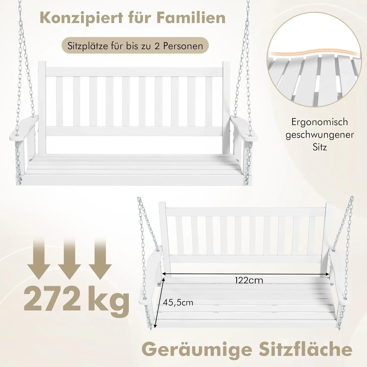 Weiße Costway Hängebank aus Massivholz mit Ketten zum Aufhängen. Gartenschaukel für 2 Personen.