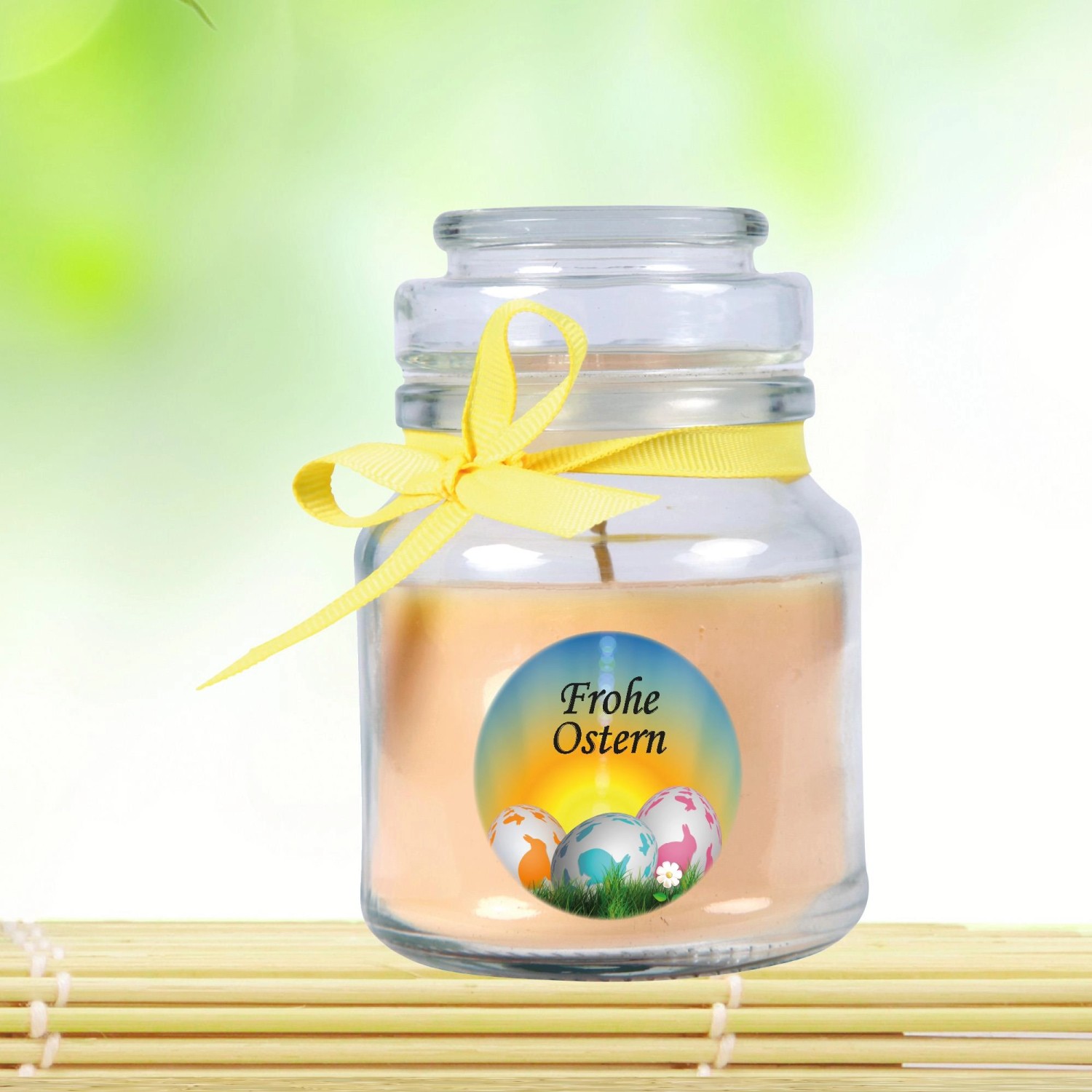 Duftkerze Frohe Ostern im Glas mit gelbem Band, Vanille Duft, Ø7cm. Osterdeko.