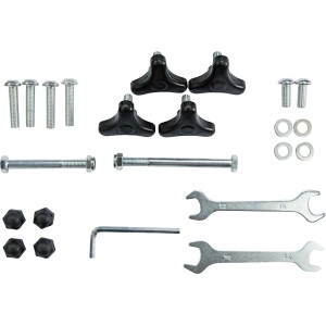 Montage-Set für Palmdale Schwingliege mit Schrauben, Muttern, Unterlegscheiben, Imbusschlüssel und Schraubenschlüssel.