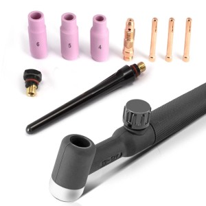 Schwarzer STAHLWERK WP-17V Lift-Tig-Brenner mit Gasregulierung, rosa Gasdüsen und Zubehör für Schweißgeräte.