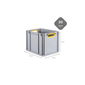 Graue PROREGAL Eurobox 30L mit gelben Griffen und Deckel. Aufbewahrungsbox für Industrie und Gewerbe.