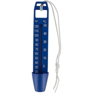 Schwimmendes Steinbach Poolthermometer Standard, blau, mit Temperaturanzeige in °C und °F.