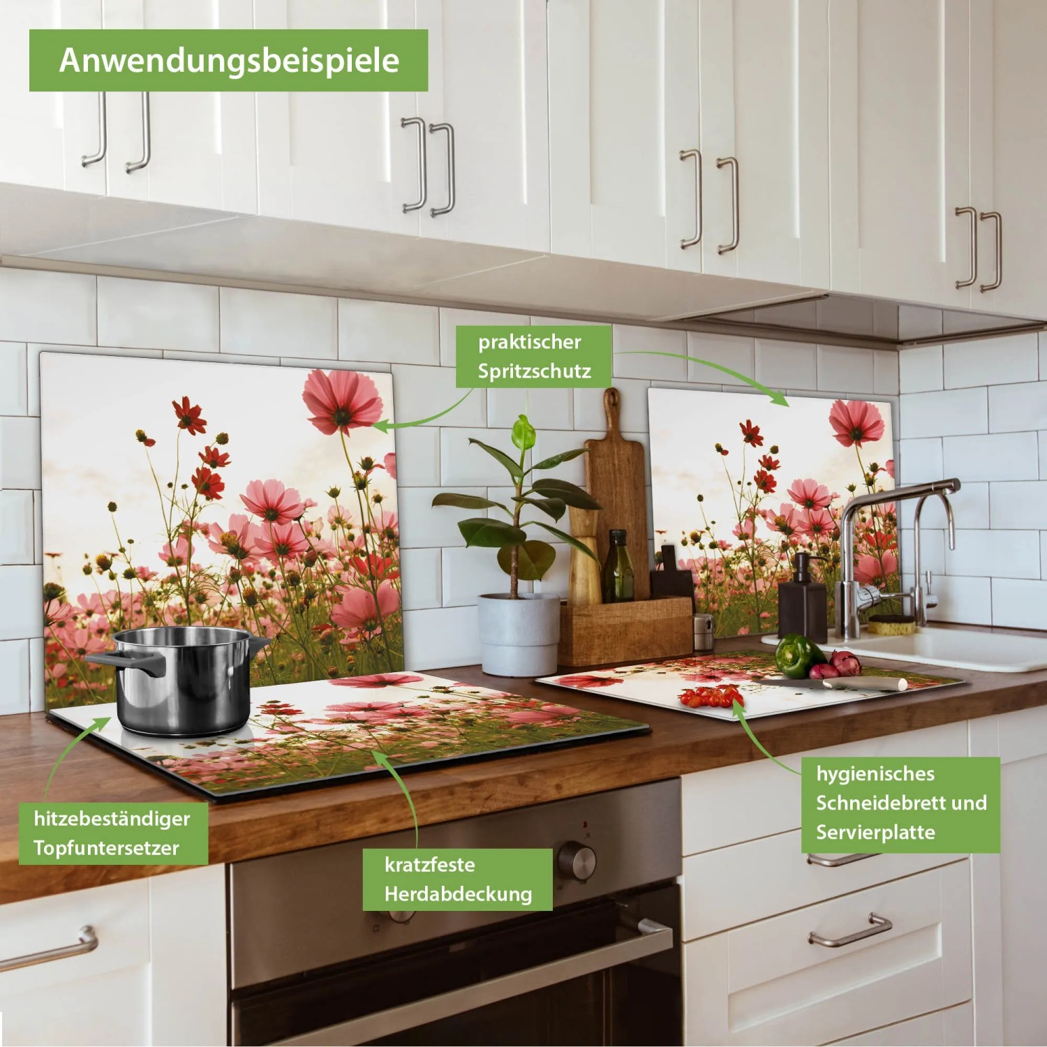 Banjado Herdabdeckplatte Glas mit Blumenmotiv als Schneidebrett und Spritzschutz in Küche.